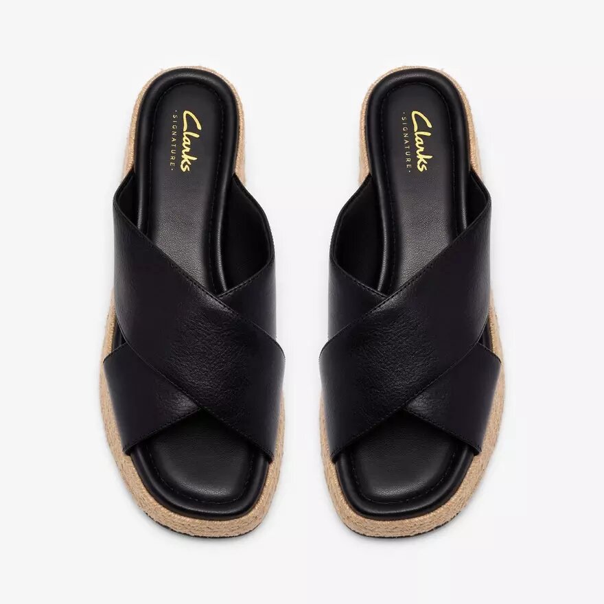 Mules Tessiah pour femme, compensées en cuir noir Mules Tessiah pour femme, compensées en cuir noir