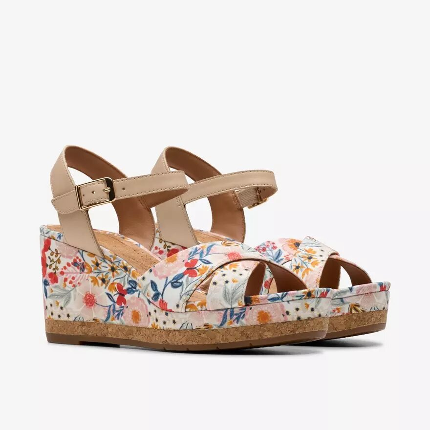 Sandales compensées Chicly Floral blanches pour femme Sandales compensées Chicly Floral blanches pour femme