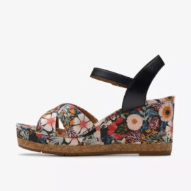 Sandales compensées Chicly Floral à imprimé noir pour femme