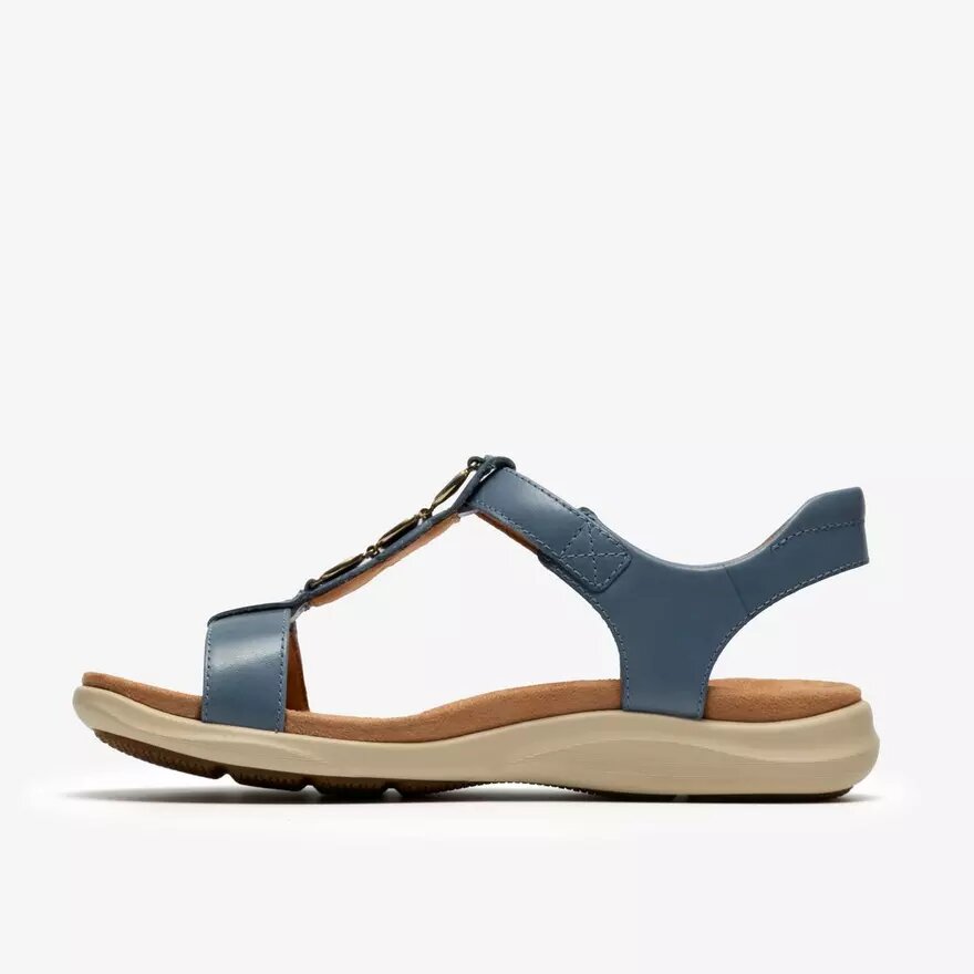 Sandales plates en cuir bleu denim Kitly Gem pour femme Sandales plates en cuir bleu denim Kitly Gem pour femme