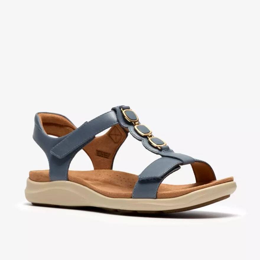 Sandales plates en cuir bleu denim Kitly Gem pour femme Sandales plates en cuir bleu denim Kitly Gem pour femme