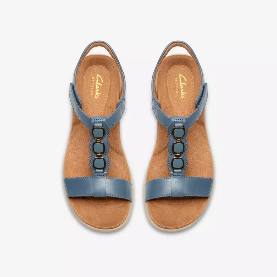 Sandales plates en cuir bleu denim Kitly Gem pour femme Sandales plates en cuir bleu denim Kitly Gem pour femme