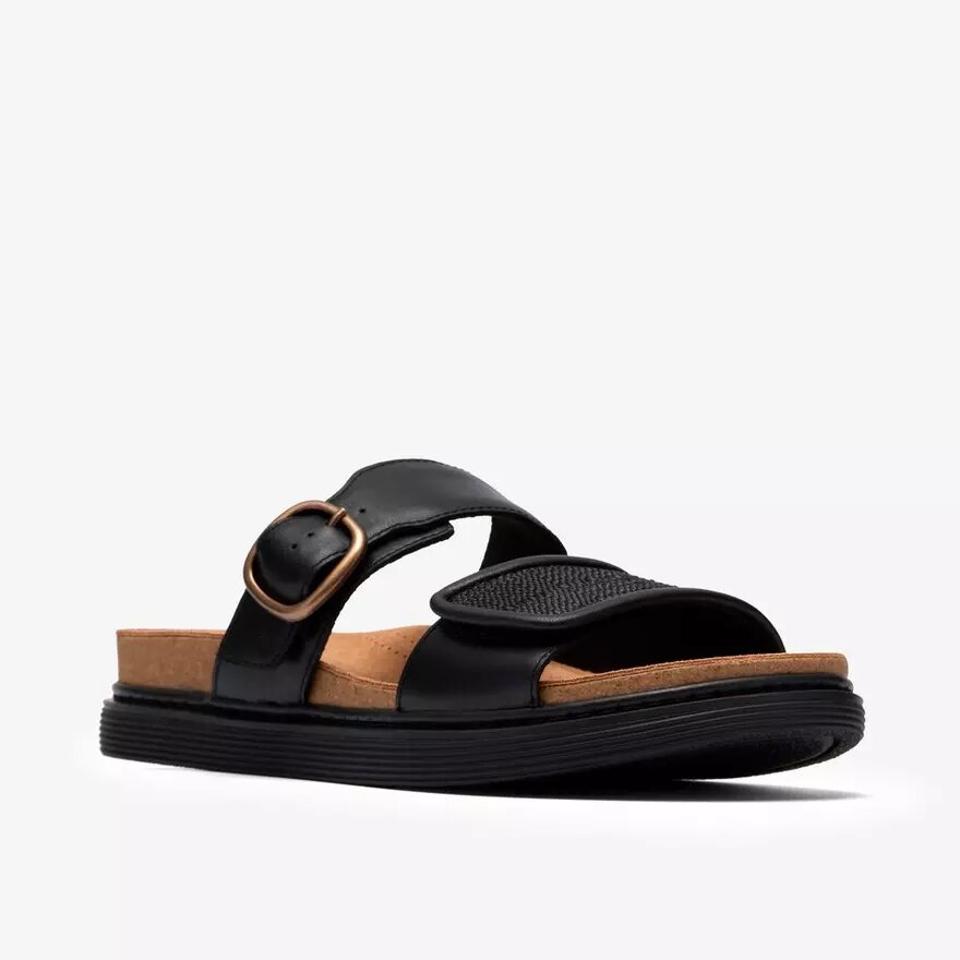 Sandales plates en cuir noir Arwell Step pour femme Sandales plates en cuir noir Arwell Step pour femme
