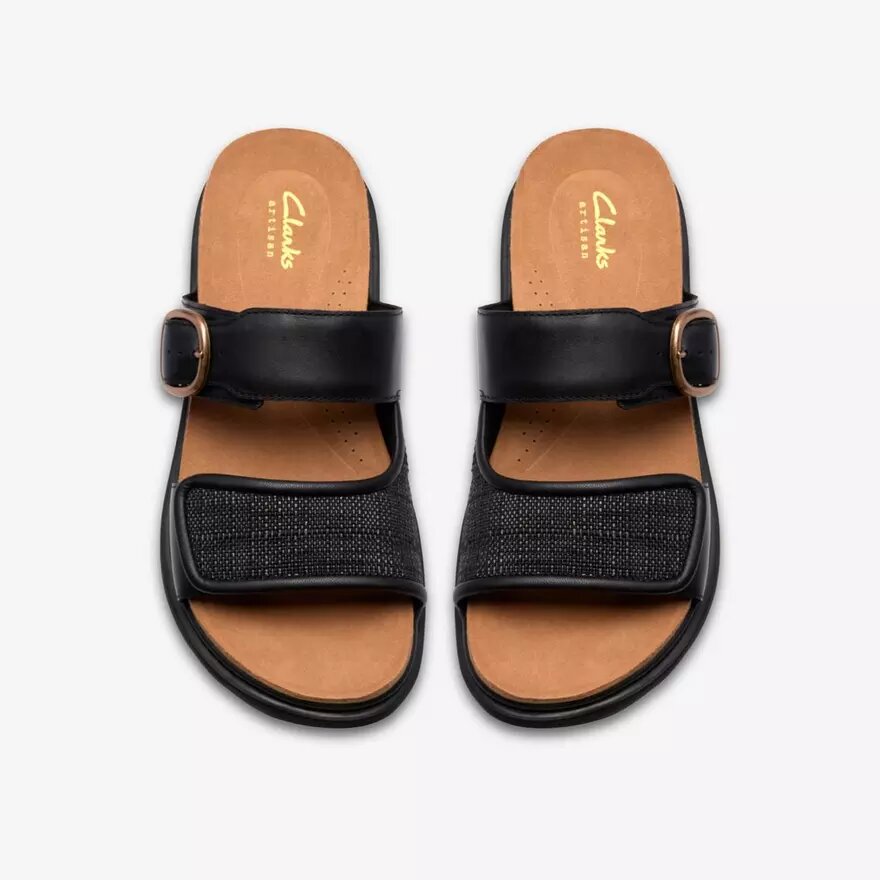 Sandales plates en cuir noir Arwell Step pour femme Sandales plates en cuir noir Arwell Step pour femme